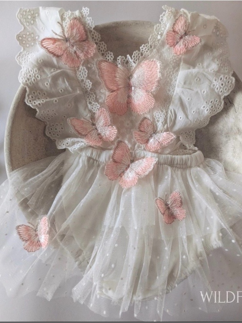 Delicate White Tulle Dress with Pink Butterfly Appliqués